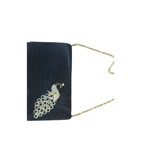 Elegant Black Clutch With Gold‎ Chain & Rhinestone Peacock Design Extra Strap - Picture 2 of 7